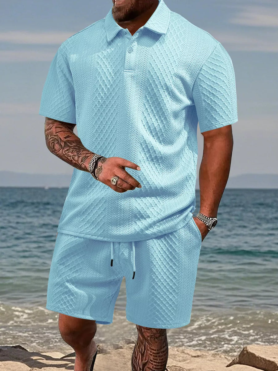 Light blue textured knit polo shirt and drawstring shorts set for men.