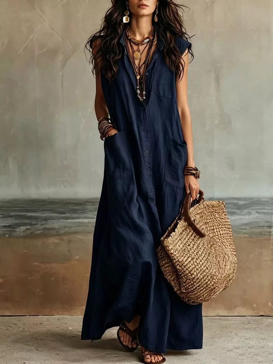 bohemian maxi dress in Navy with collared