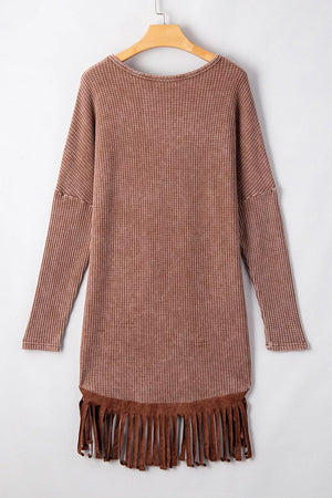 Brown with Waffle Knit Fringed High Low Loose Top in Brown