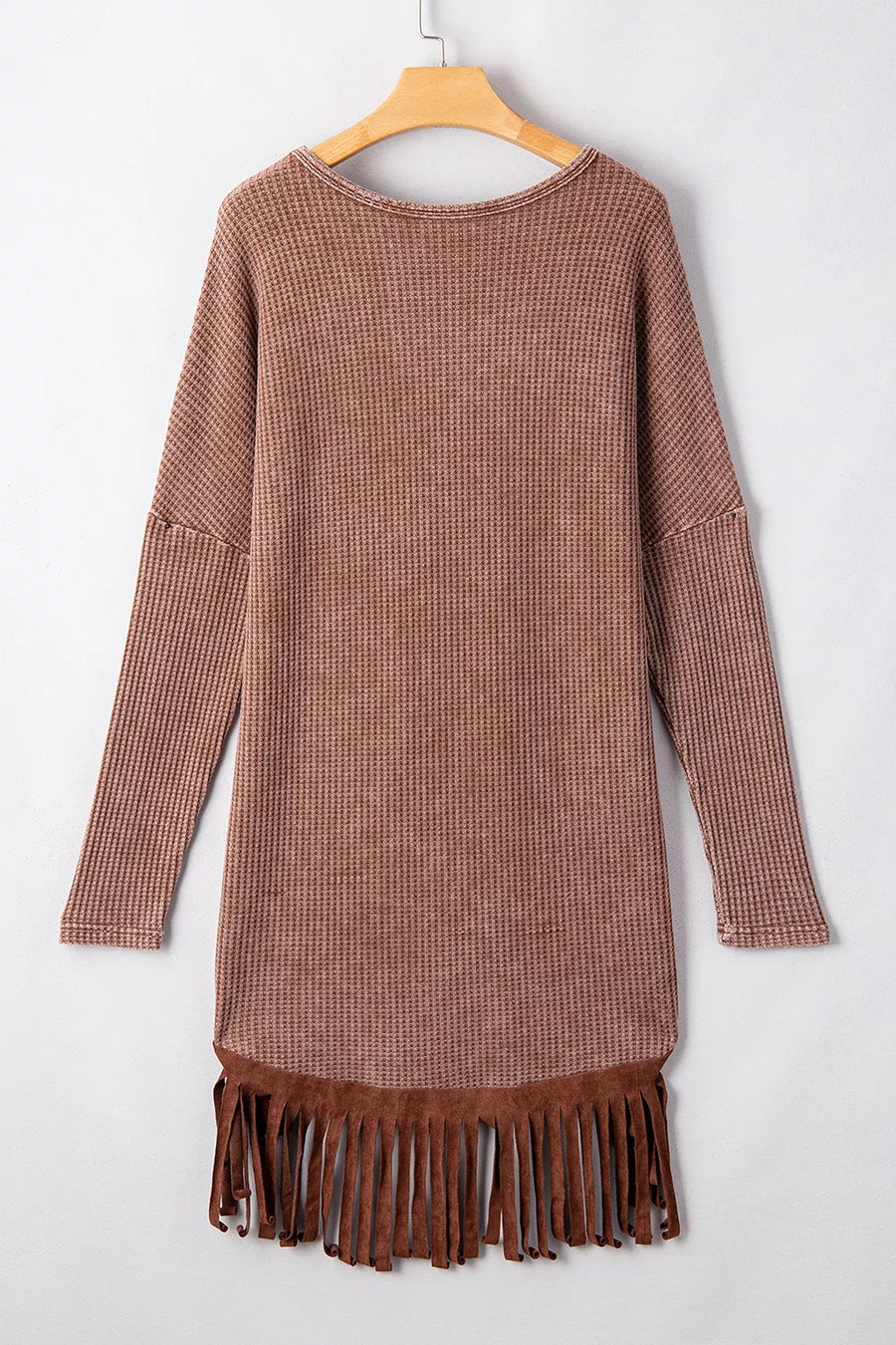 Brown with Waffle Knit Fringed High Low Loose Top in Brown
