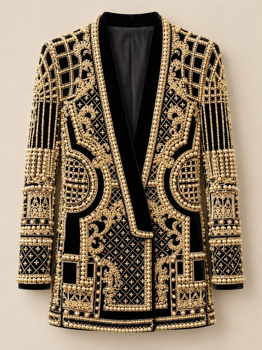 White blazer with button-front and geometric