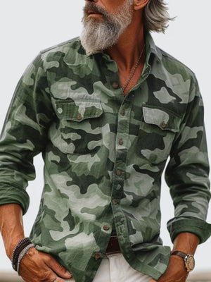 slate gray button-up shirt featuring chest pockets and camo
