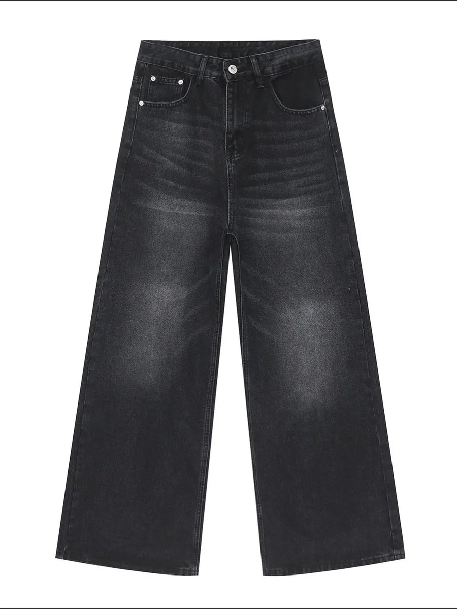 Dark Gray wide-leg denim jeans with vintage wash and a relaxed fit.