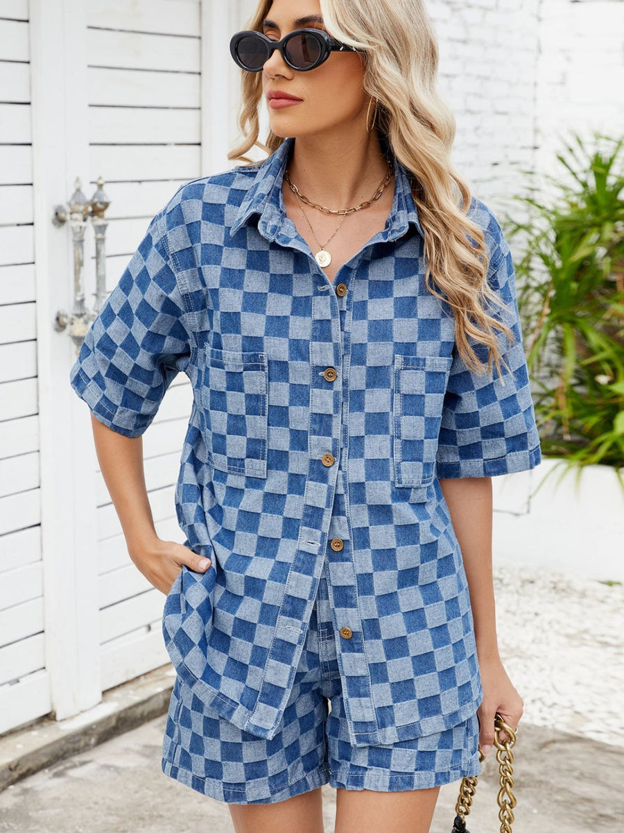 Blue denim checkerboard co-ord set with short sleeve button-up shirt and shorts.