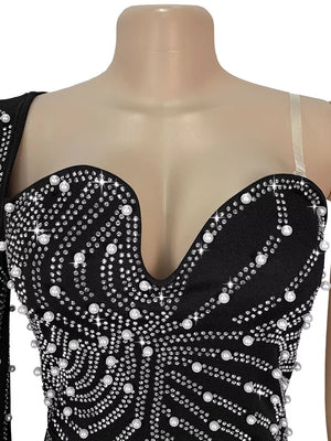 Rhinestone Pearl One-shoulder Mermaid Maxi Dress in Black with rhinestone embellishment
