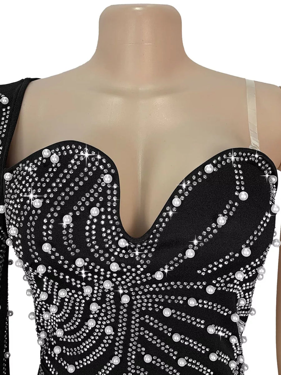Rhinestone Pearl One-shoulder Mermaid Maxi Dress in Black with rhinestone embellishment