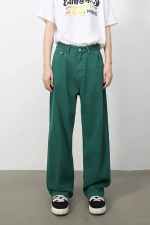 Dark green rigid denim wide-leg trousers with a casual fit.