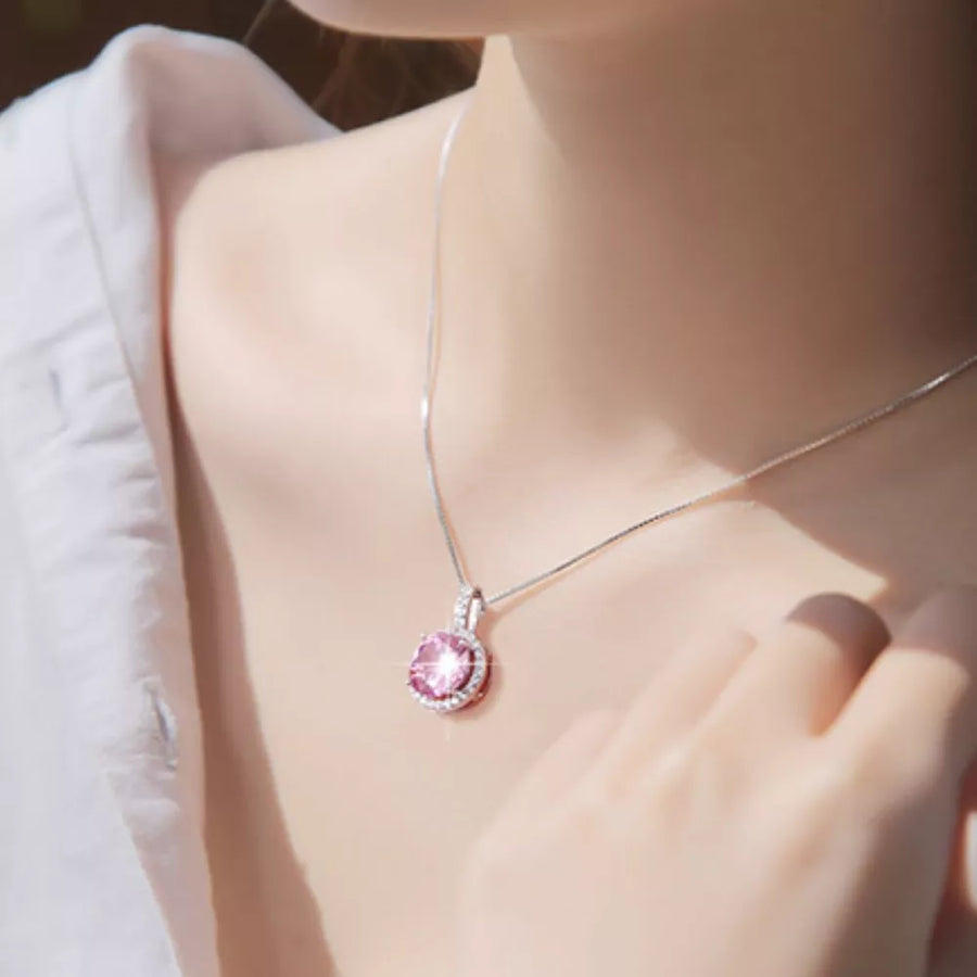 3 Carat Moissanite 925 Sterling Silver Pendant Necklace in pink with faceted moissanite