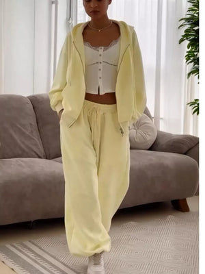 lounge set in pale yellow featuring drawstring waist and oversized fit