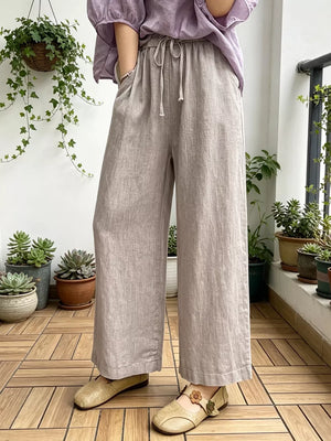 Khaki maternity pants with drawstring waist and pockets, wide leg, ankle length