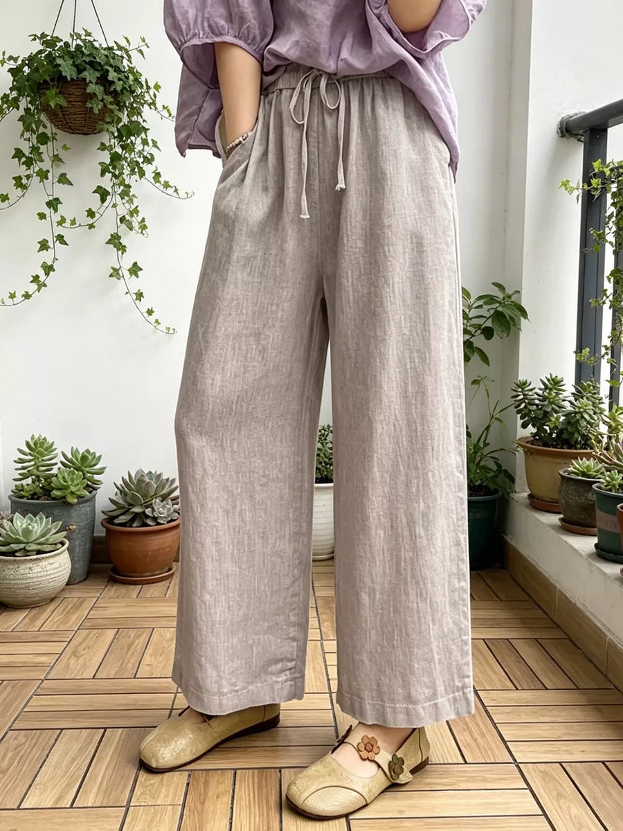 Khaki maternity pants with drawstring waist and pockets, wide leg, ankle length