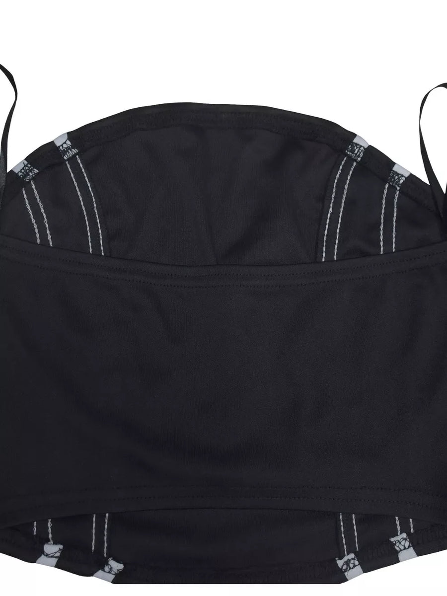 Black tube top with white stitching detail and abstract print hem