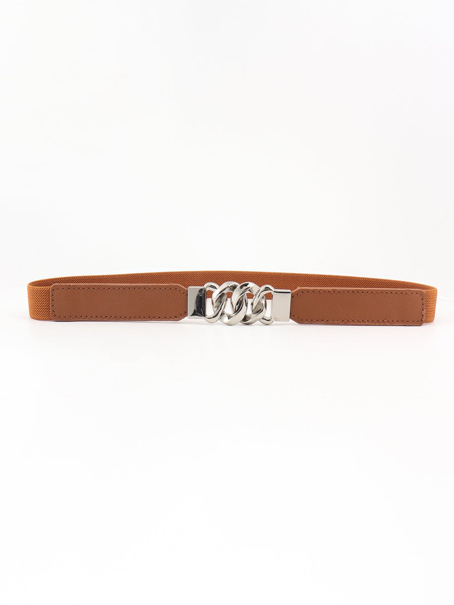 Chain detail faux leather elastic belt in Chocolate/Silver