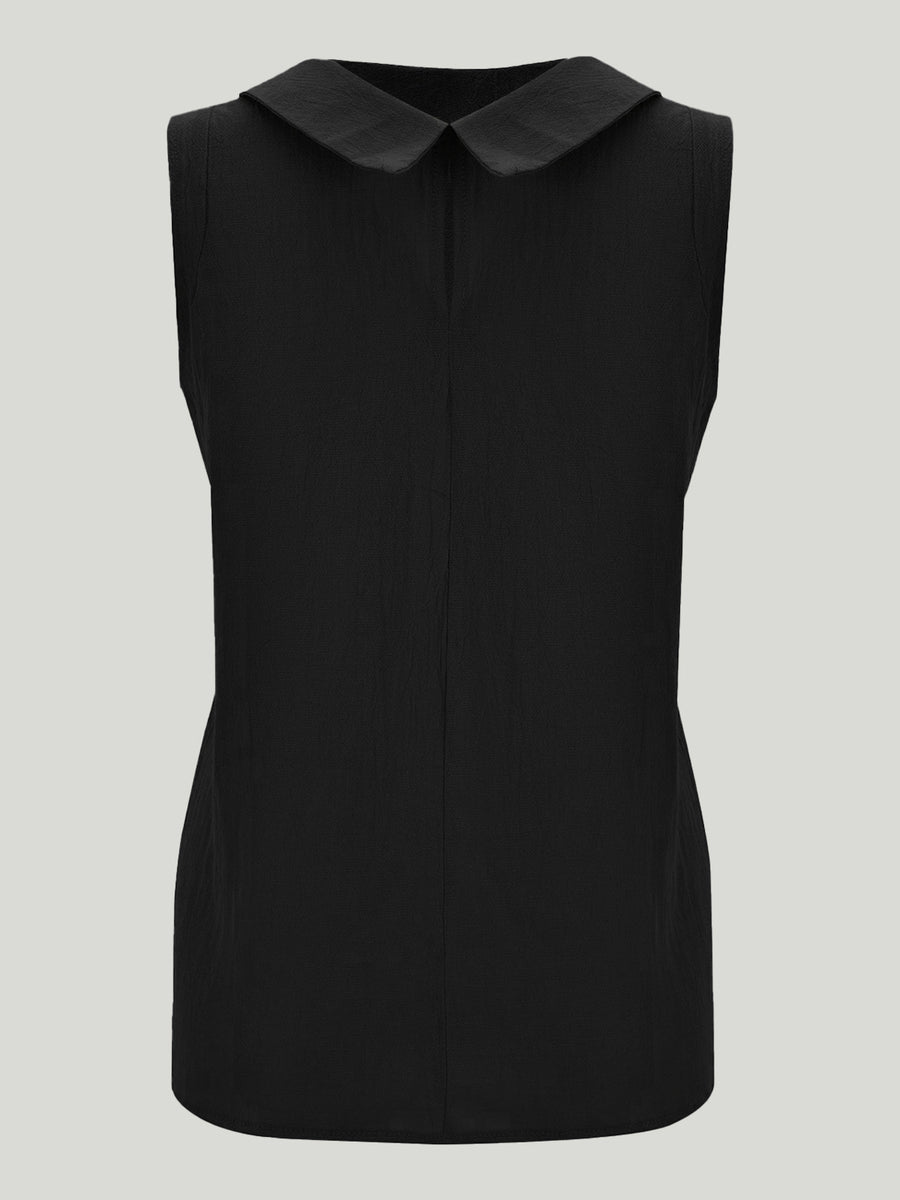 Black sleeveless Peter Pan collar blouse with textured fabric.
