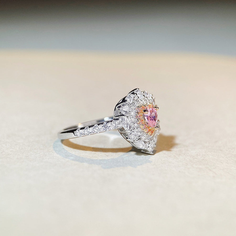 Halo 925 Sterling Silver Zircon Heart Ring in pink with heart-shaped stone