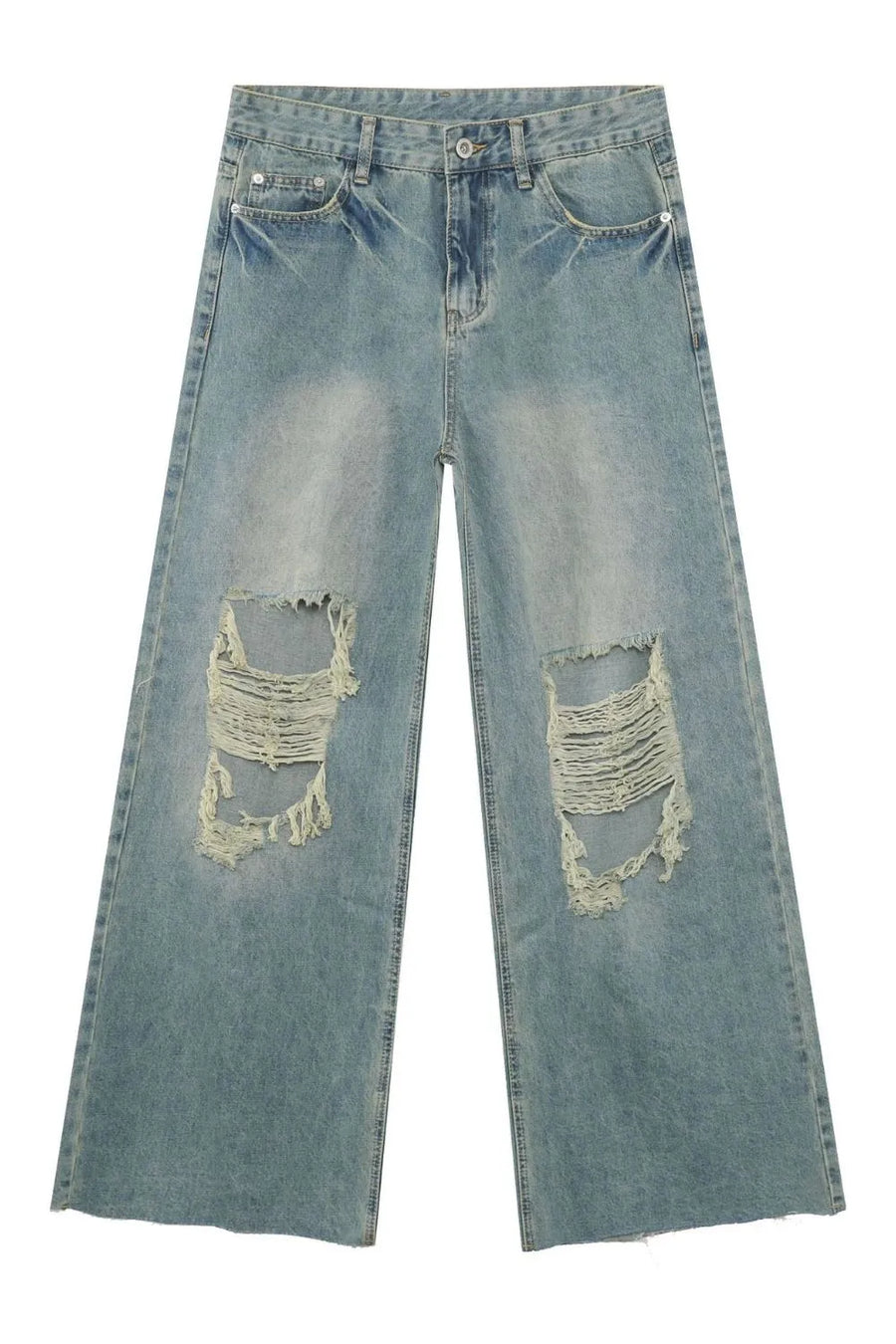 Distressed wide-leg jeans in medium wash denim with frayed rips on the knees.