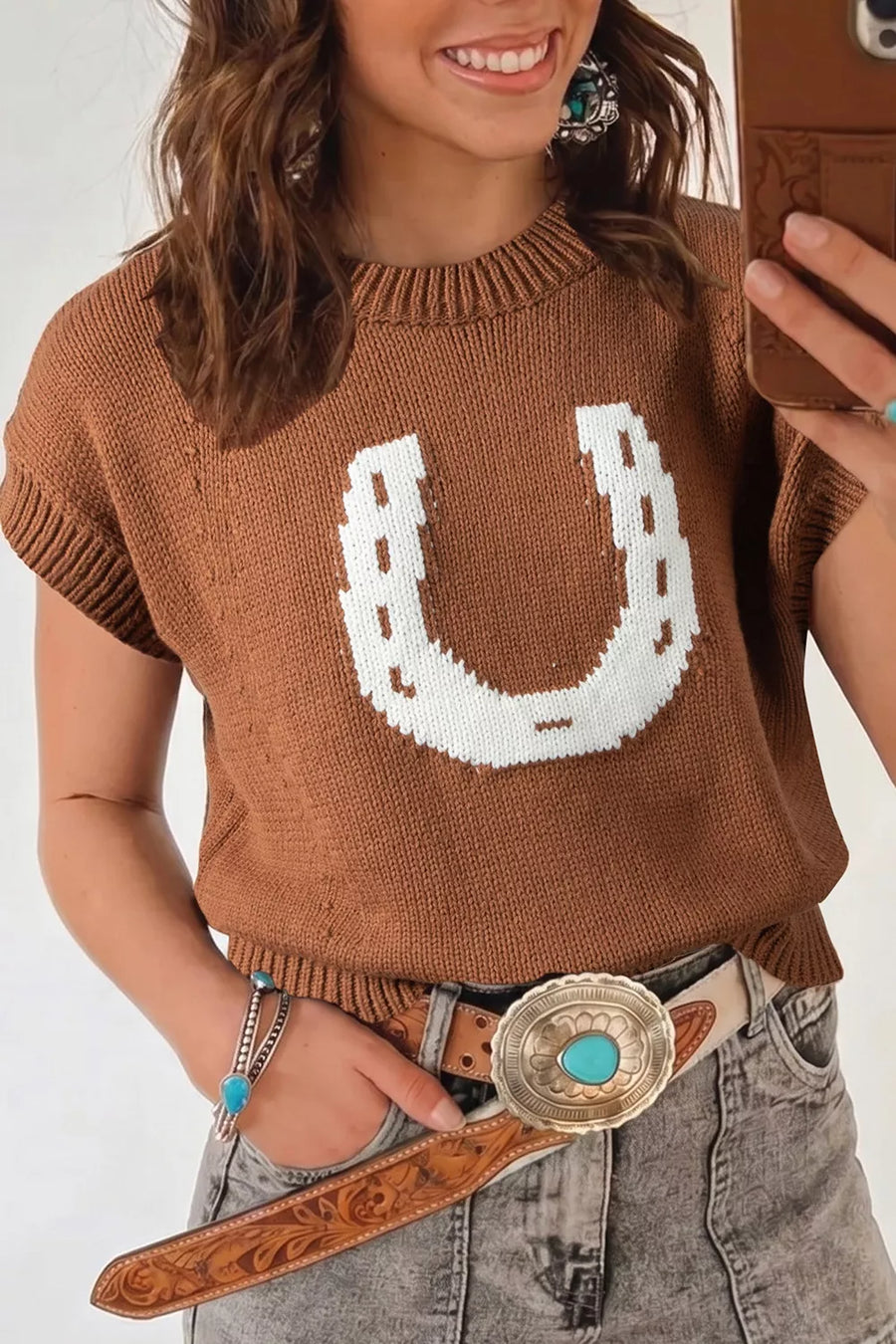 rust pullover sweater with waist-length and pullover