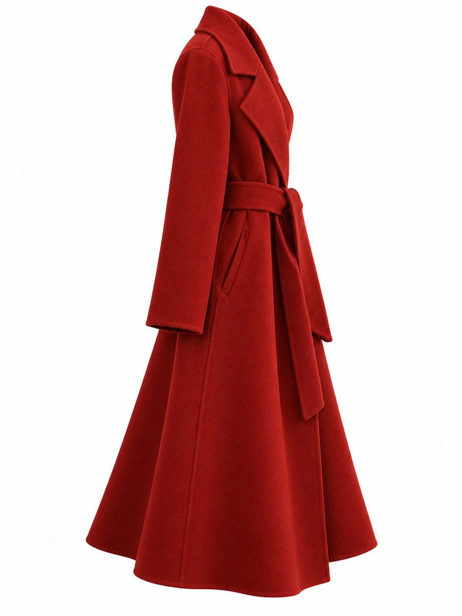 Longline Wool Coat With Belt in Off White with belted