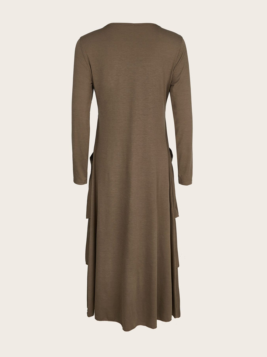Coffee midi dress with long sleeves, tiered hem, and pockets.