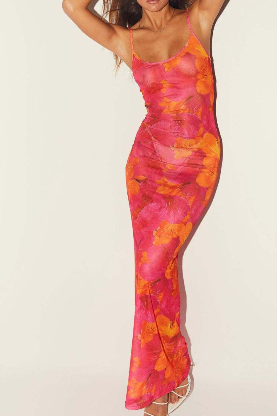 Pink and orange floral print mesh maxi dress with spaghetti straps