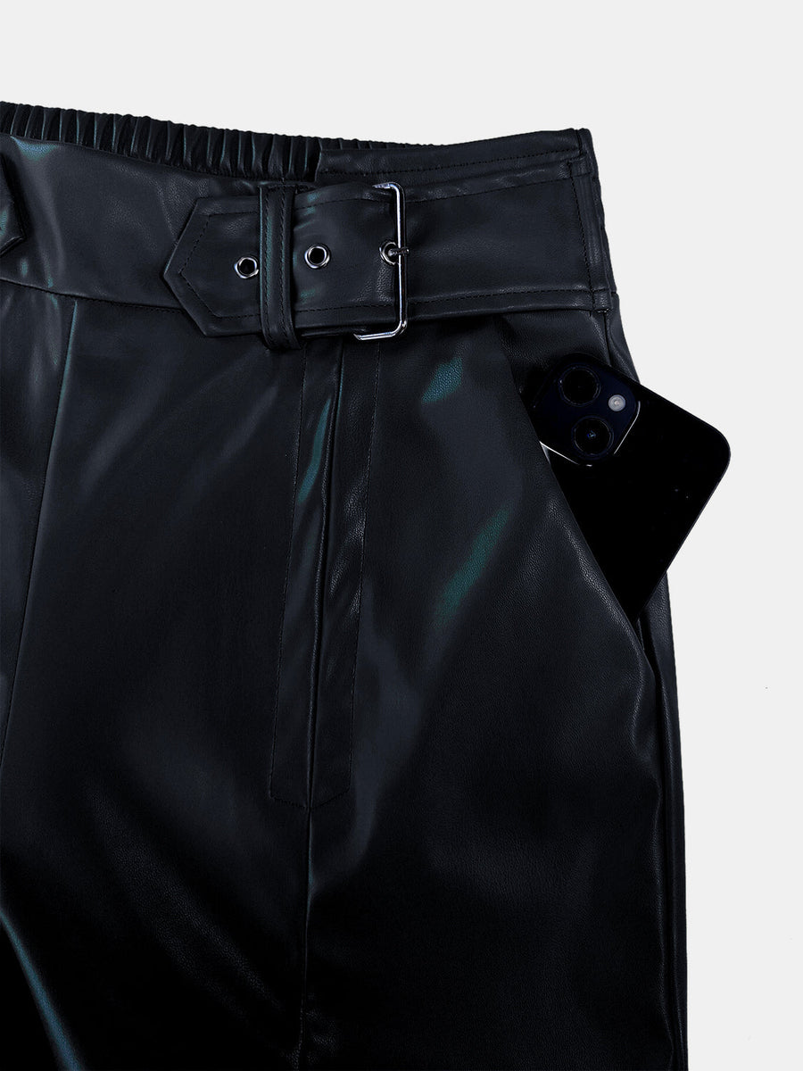 Black faux leather palazzo trousers with belted waist and pocket detail.