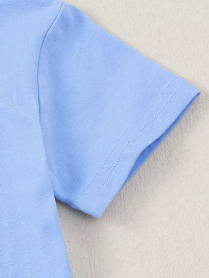 Baby blue cotton t-shirt sleeve detail with double-stitched hem