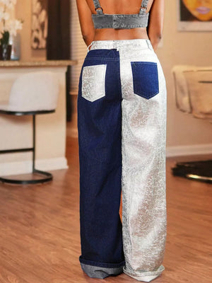 dark blue wide-leg jeans with full-length and button-front