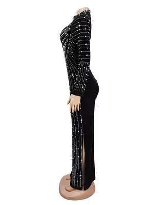 100% polyester Care instructions: Machine wash cold maxi dress in Black with bodycon silhouette