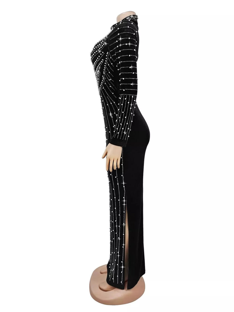 100% polyester Care instructions: Machine wash cold maxi dress in Black with bodycon silhouette