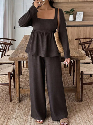 Dark brown ruched square neck peplum top and wide-leg pants set.