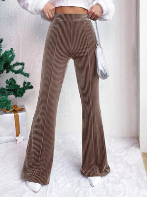 Retro corduroy high-waist flare maternity pants in taupe, with a comfortable bell-bottom cut.