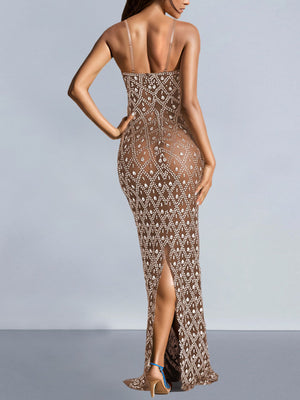 maxi dress in silver with geometric and rhinestone