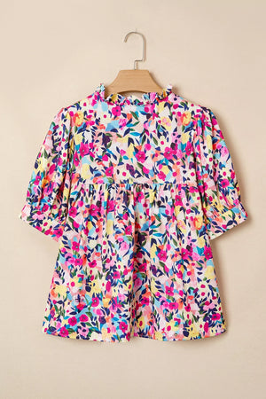 Flower Print Frilled Collar Puff Sleeve Blouse option 6