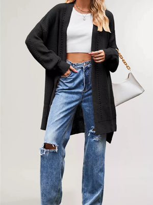 Khaki cardigan with tunic-length and open-front