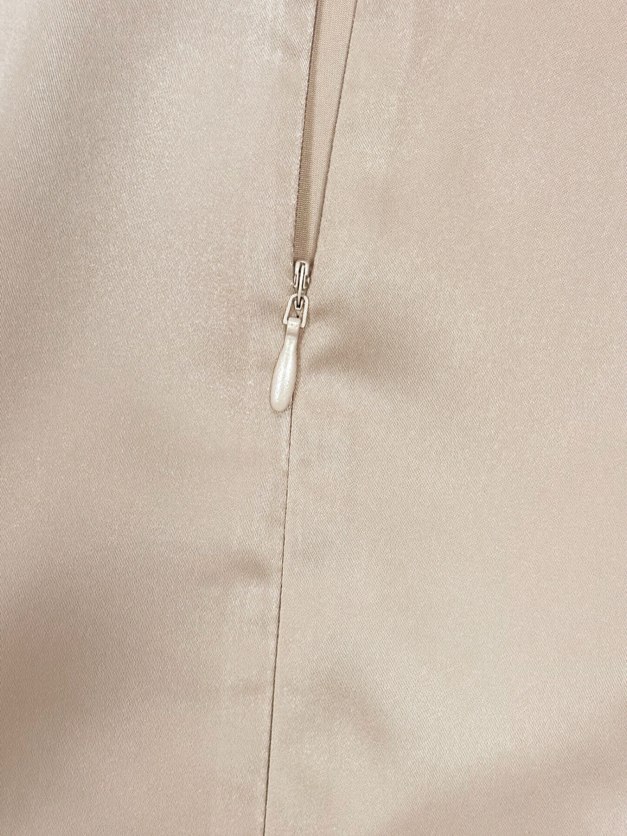 light beige fitted midi dress with round neck
