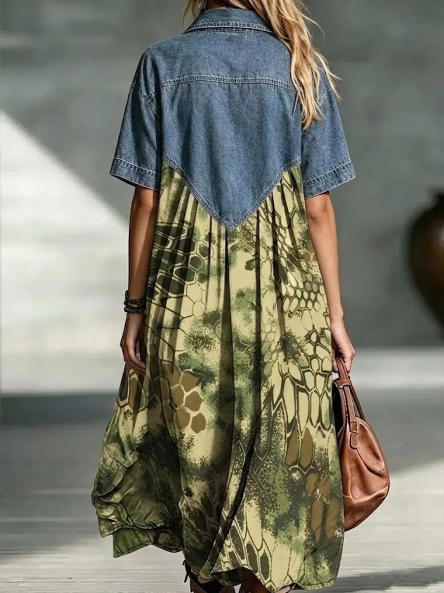 Stripe shirt dress with half-button and patchwork