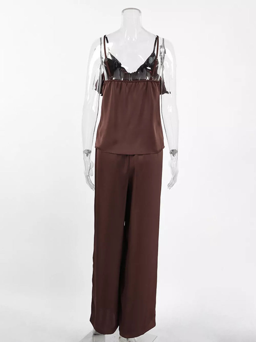 chocolate brown relaxed two-piece set with v-neck