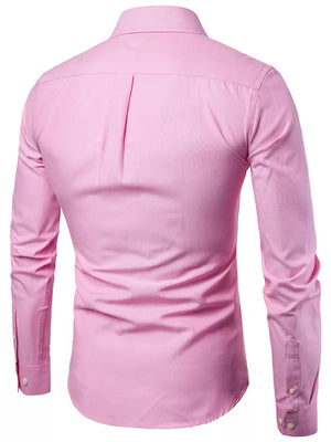 Men's pink cotton button-down shirt with long sleeves and a back pleat detail.