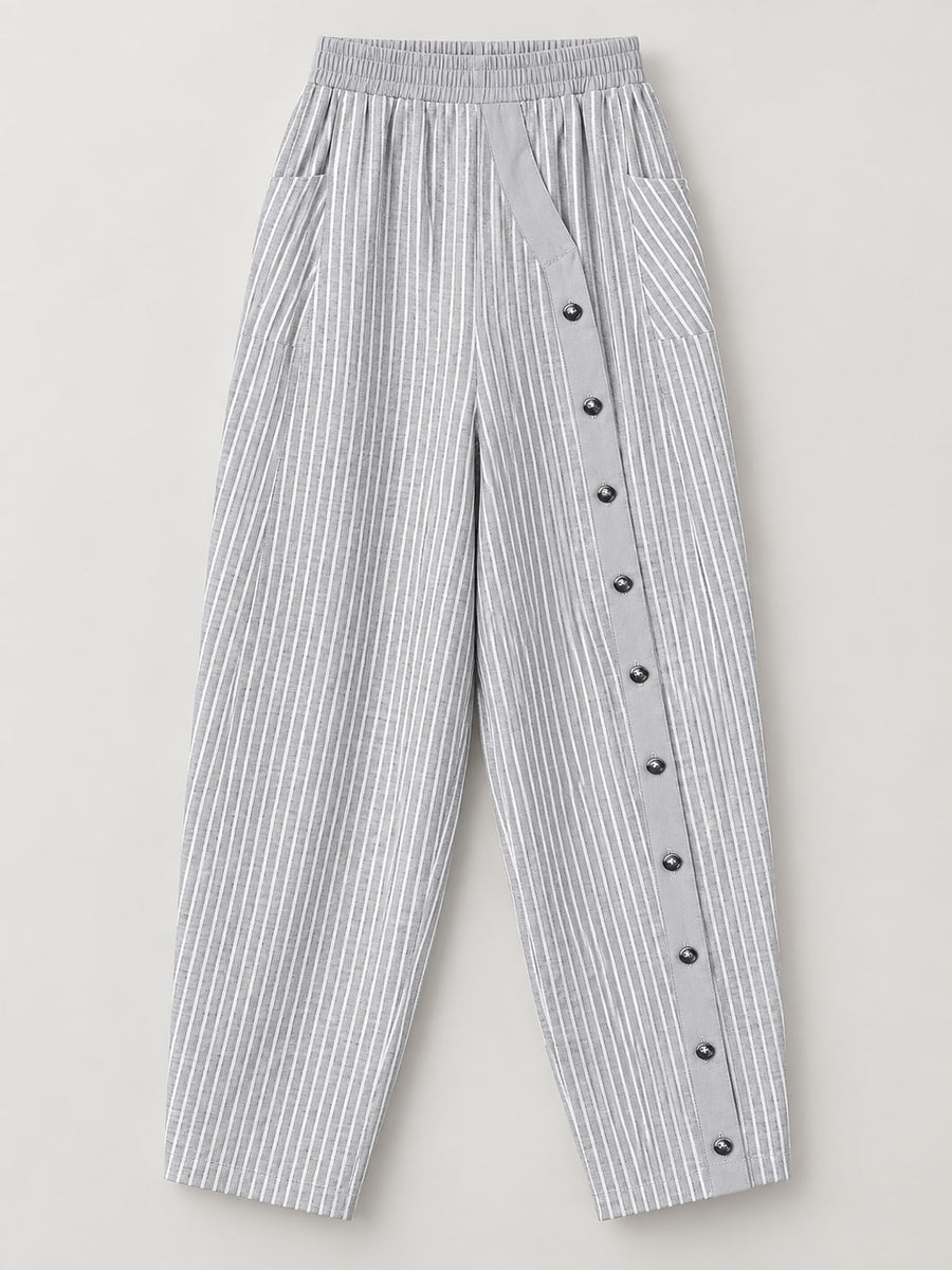 wide-leg pants in Gray with decorative button and full-length