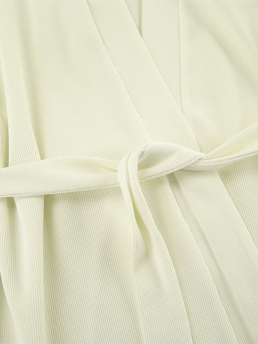 Cream waffle knit robe with tie belt detail