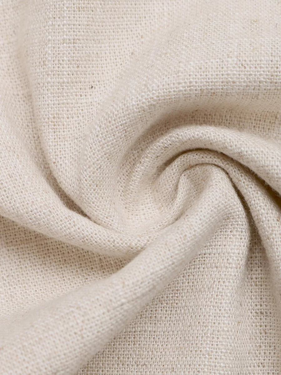 Relaxed drawstring wide-leg trousers in natural linen-look fabric with a textured weave.