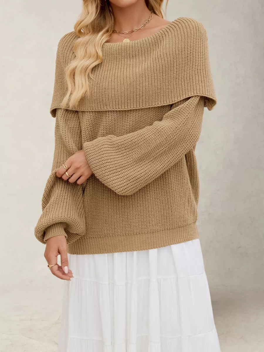 bohemian pullover sweater in Khaki with off-shoulder