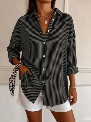 Yellow button-down shirt with button-front and striped
