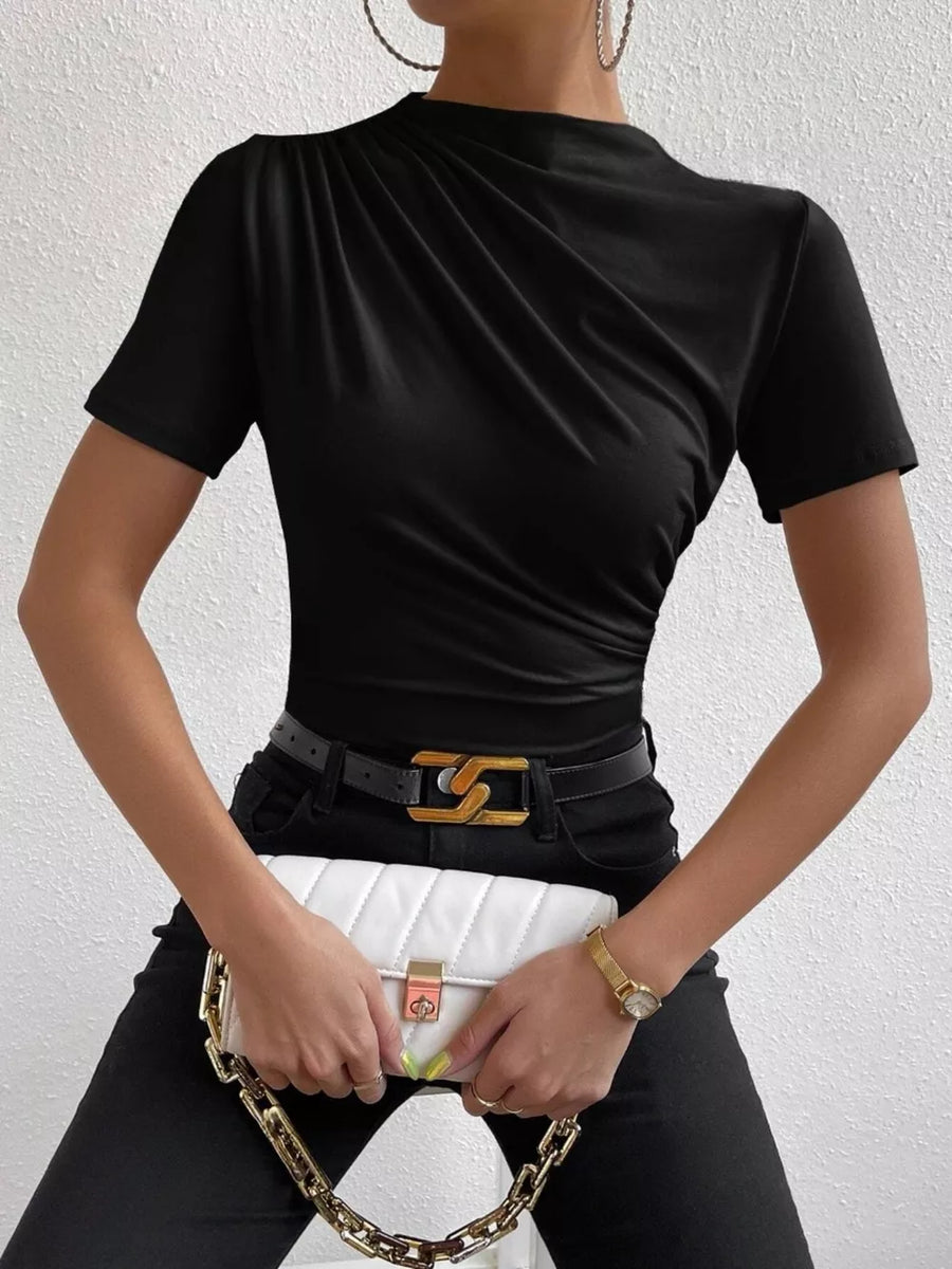 Black ruched mock neck t-shirt with short sleeves, draped detail.