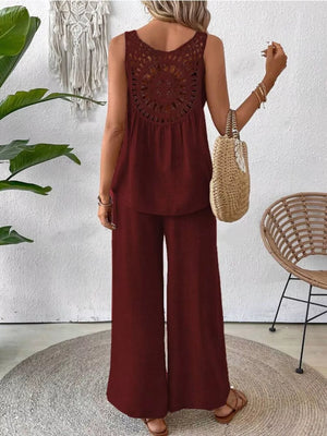 Burgundy two-piece set with crochet cutout back tank and wide-leg pants.