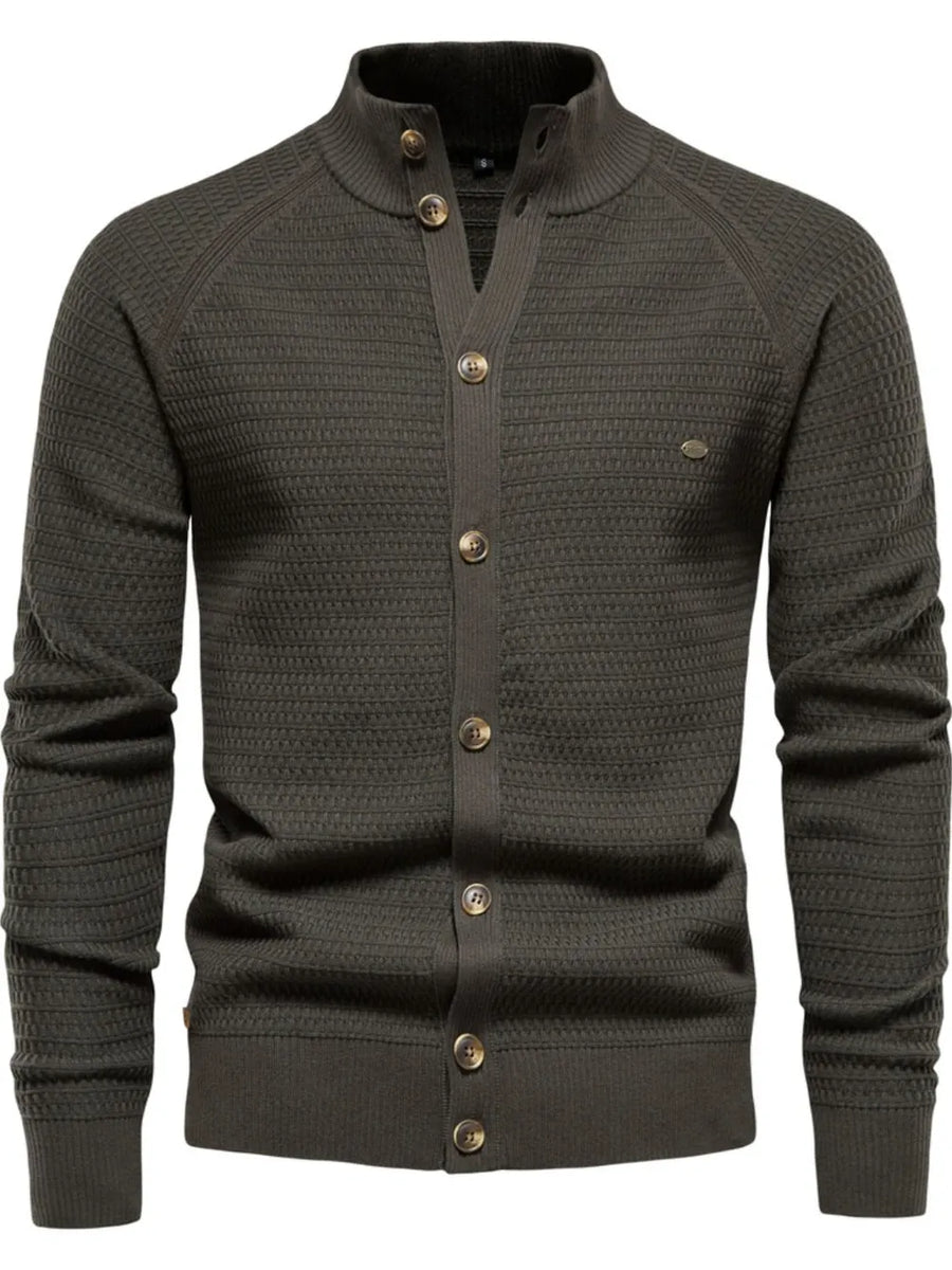 Army green textured knit stand collar cardigan with button closure