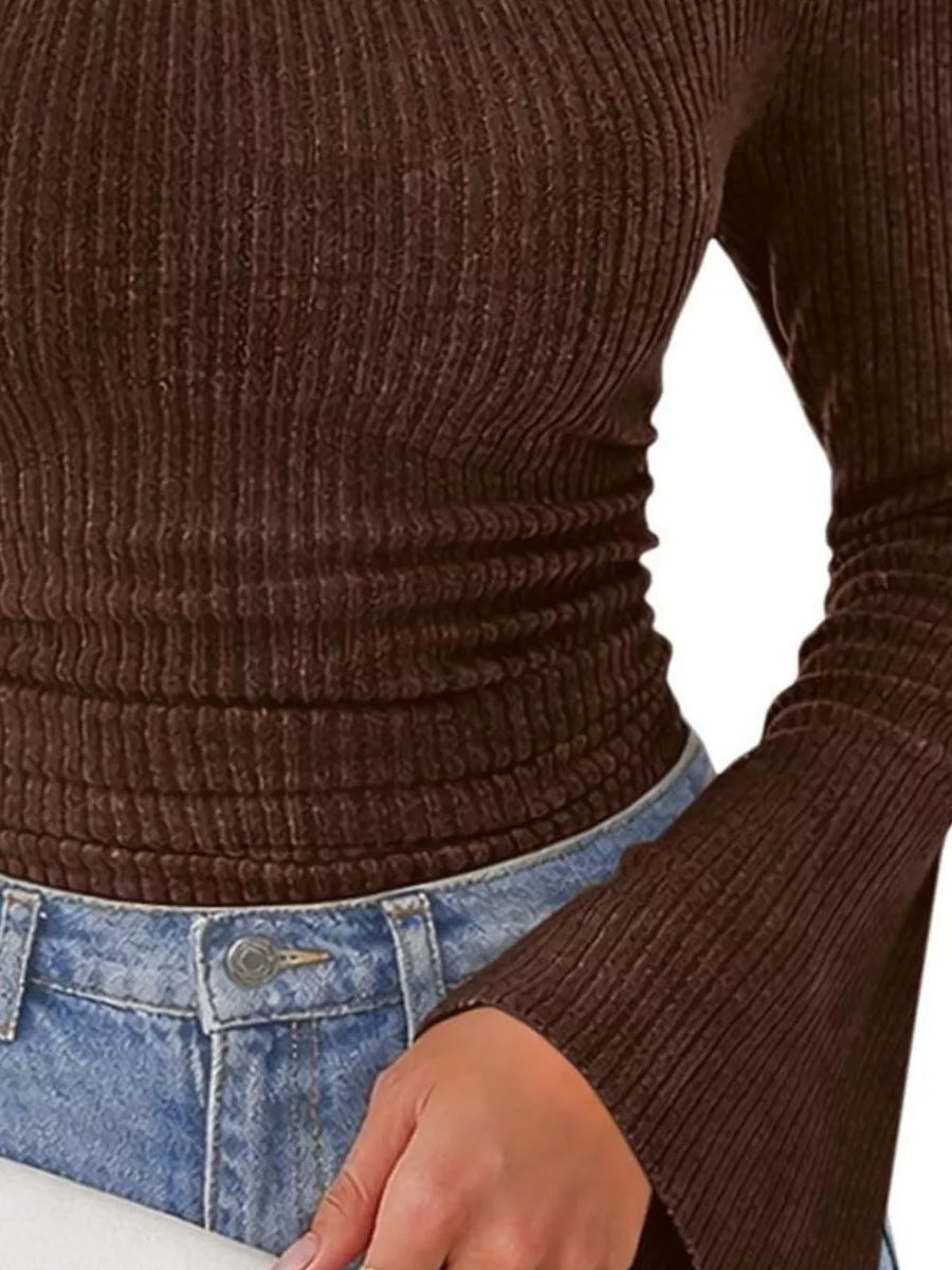 Ribbed Knit Cowl Neck Flared Sleeve Top in Purple Red