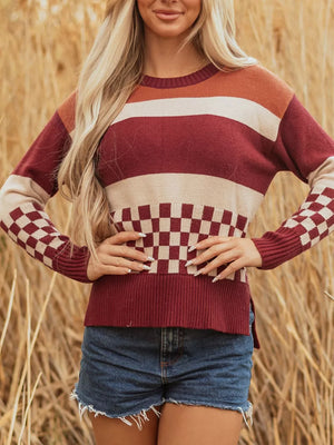 pullover sweater in cream with striped, checked and ribbed