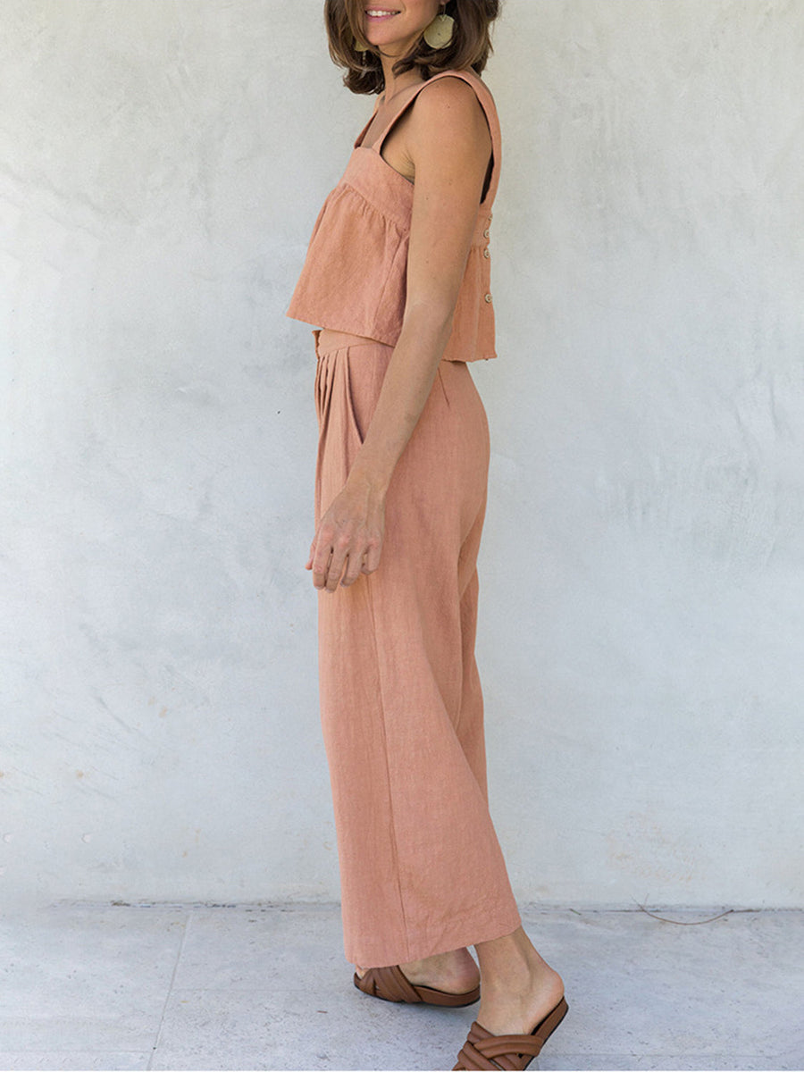 Watermelon pink linen crop top co-ord with button detail and wide leg culottes.