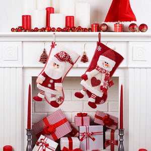 Festive plush Santa and Snowman Christmas stockings with red and white knit details.